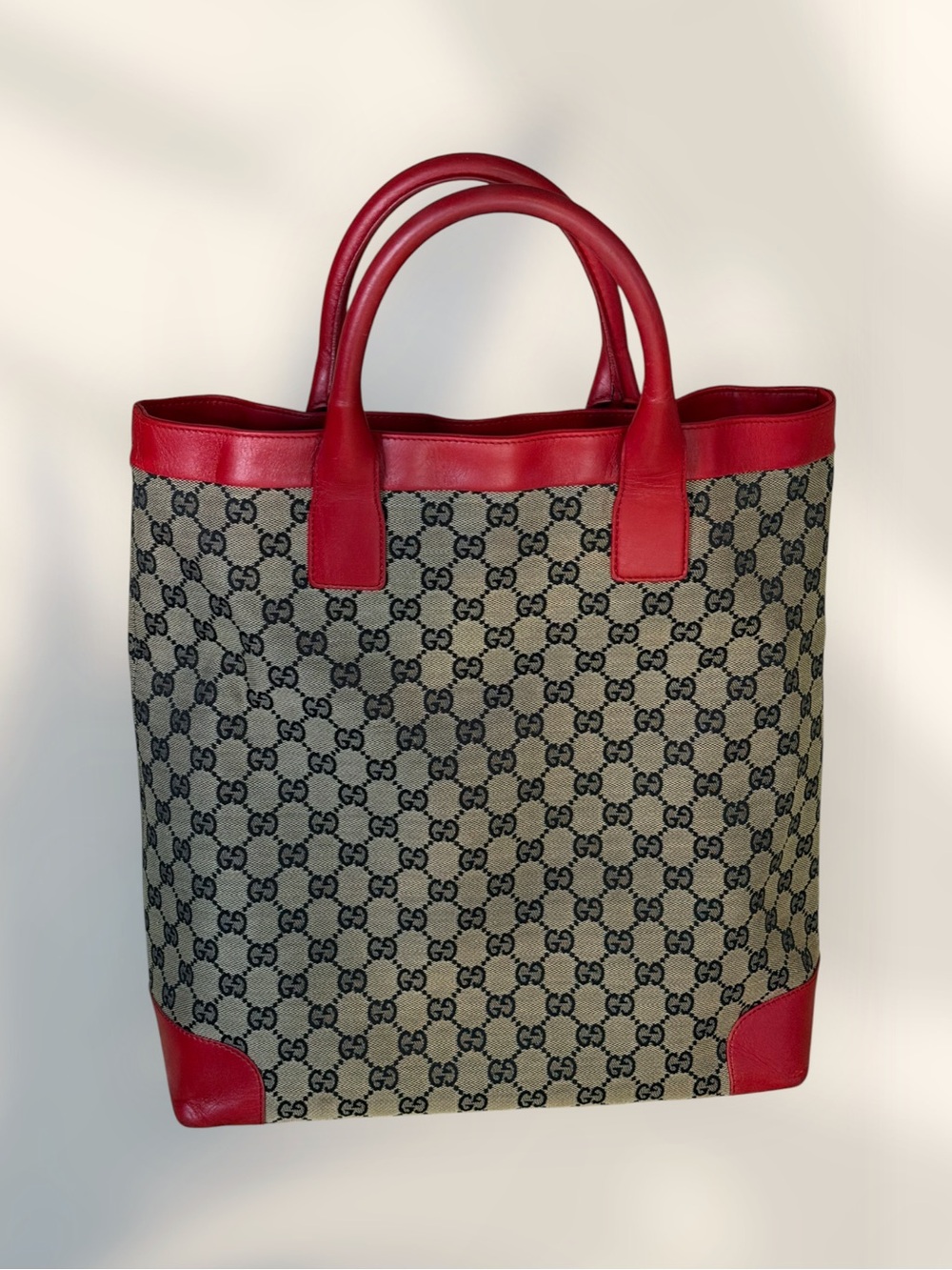 Gucci Beige GG Canvas Tote with Red Leather Trim
